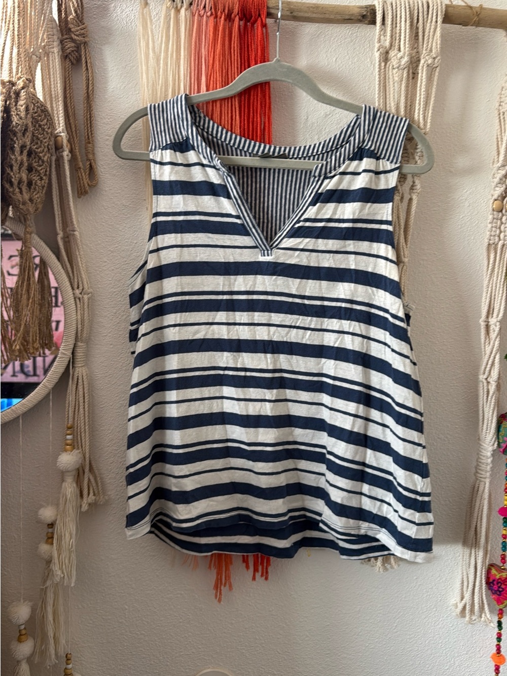 Style & Co. Navy and White Striped Sleeveless V-Notch Tank